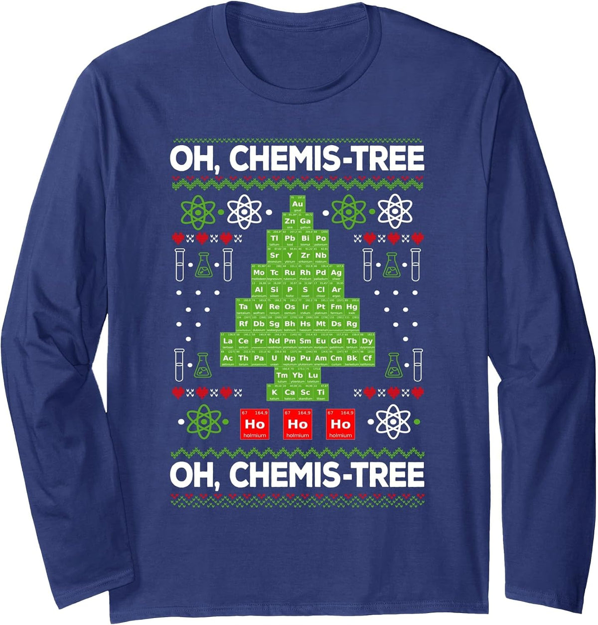 Periodic Table Tree Oh Chemistree Fun Chemistry Teacher Xmas Long Sleeve T-Shirt - Adult Unisex Navy Blue