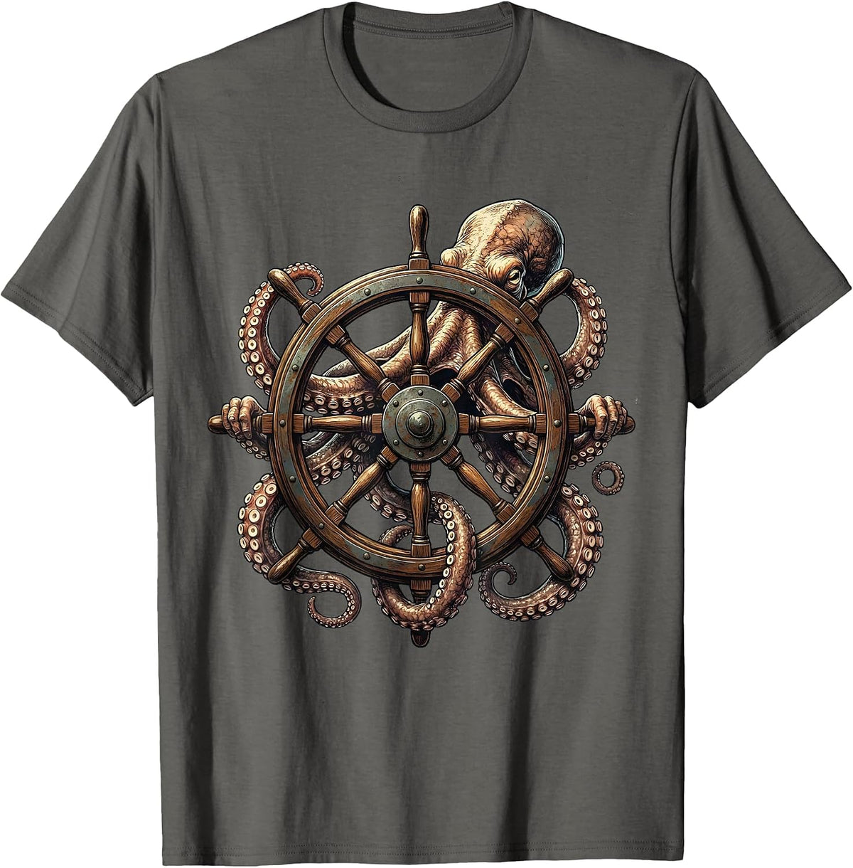 Men's Octopus Tangled Around Ship Steering Wheel T-Shirt - Asphalt Grey