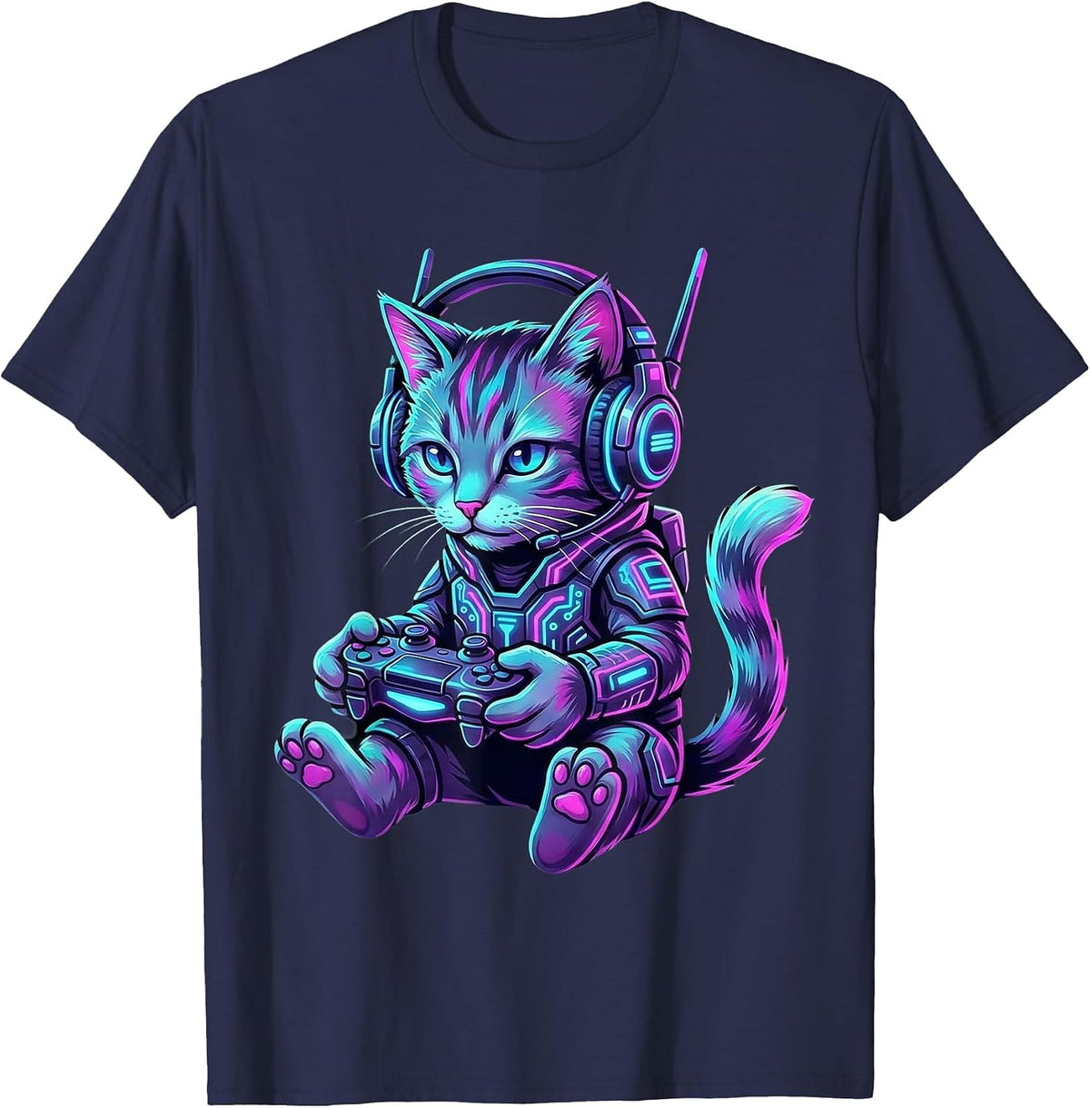Funny Cyberpunk Cat Gamer Teen Boy Video Gaming for Men Kids T-Shirt - Navy Blue
