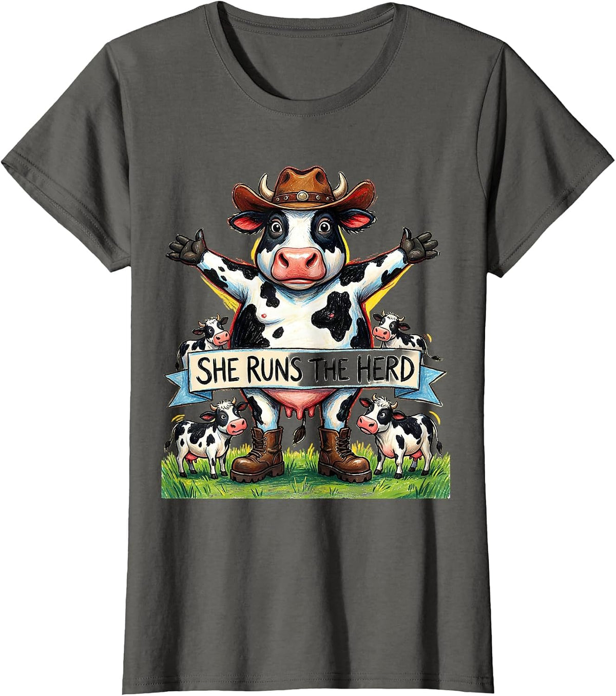 Women's She Runs The Herd Cow Lover Design T-Shirt - Asphalt Grey