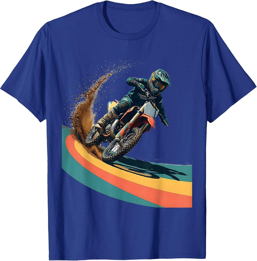Motocross Kid Flat Vector Youth Dirt Bike Gift T-Shirt - Royal Blue