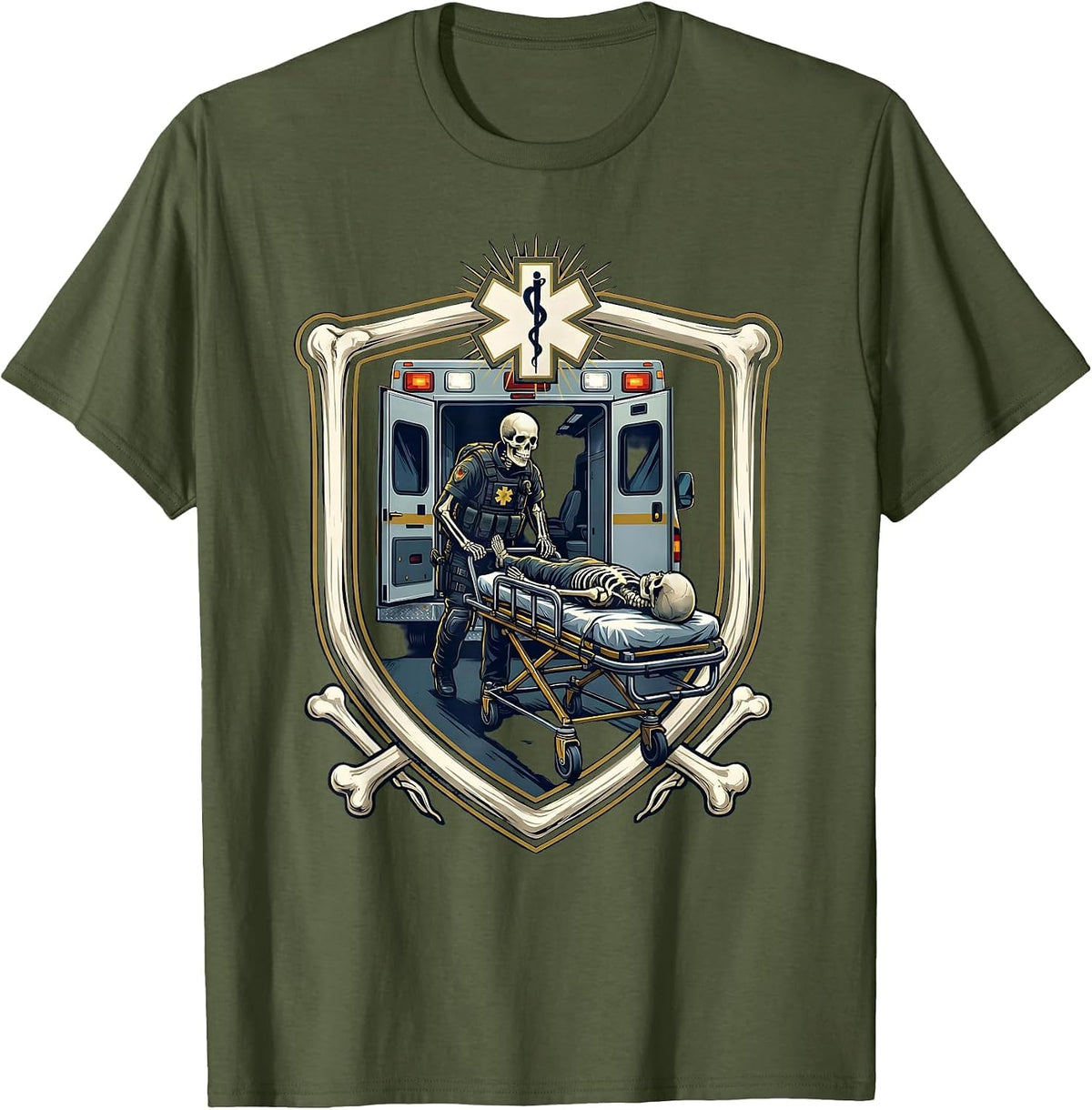 Skeleton Paramedic Ambulance Gurney Loading EMT T-Shirt - Olive Green