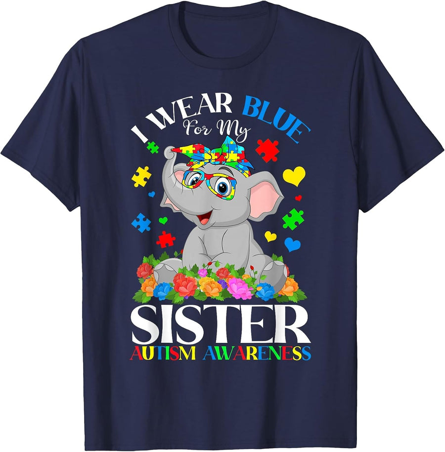 I Wear Blue for My Sister Autism Sister Puzzles & Elephant T-Shirt - Navy Blue