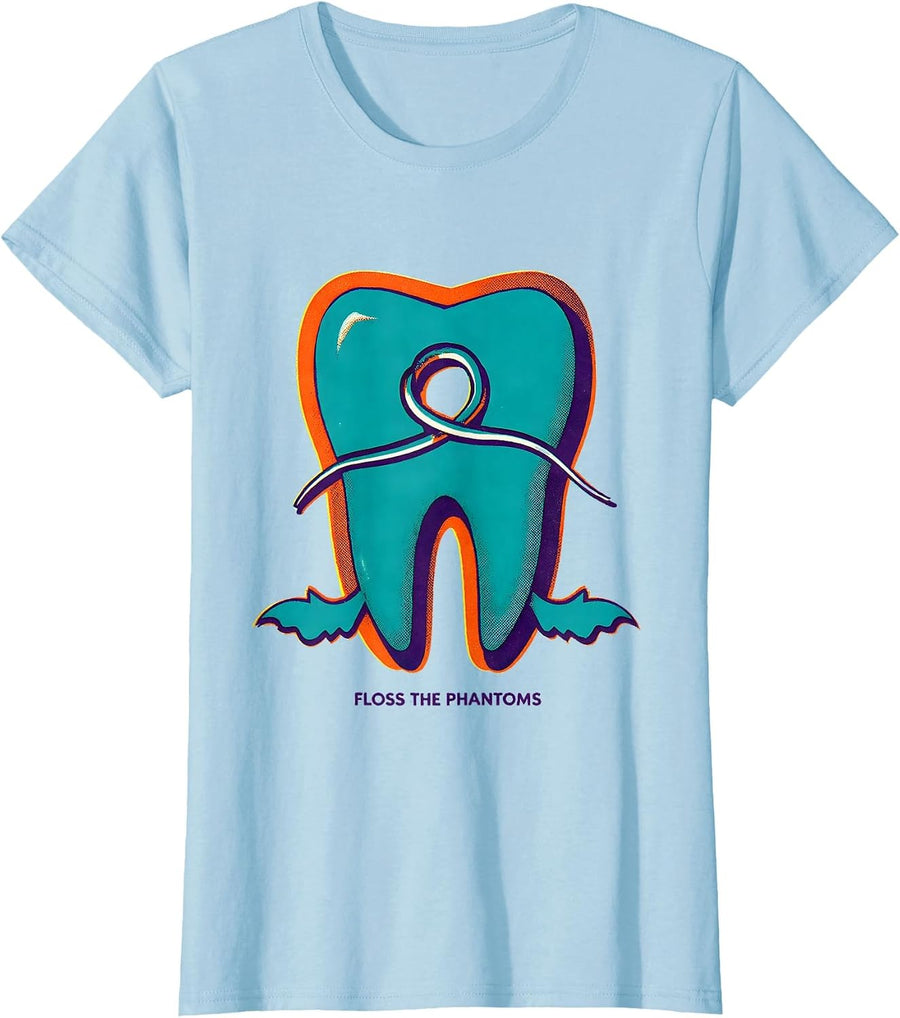 Women's Floss the Phantoms Risograph Halloween Dentist Dental T-Shirt - Baby Blue