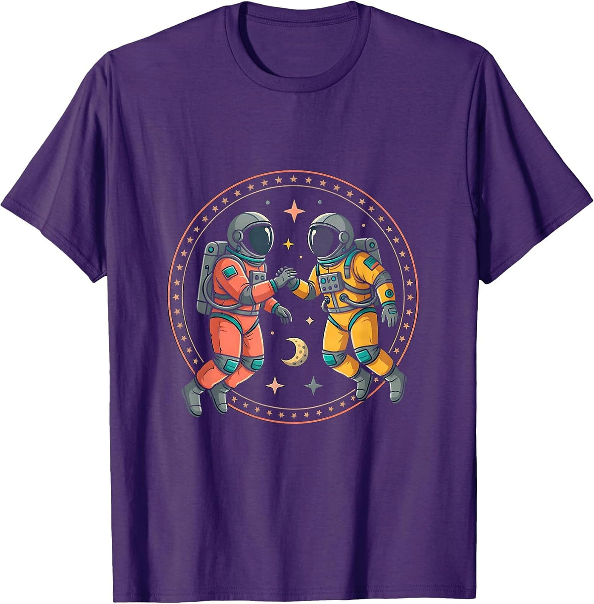 Couples Astronauts Floating Together in Deep Space T-Shirt - Purple