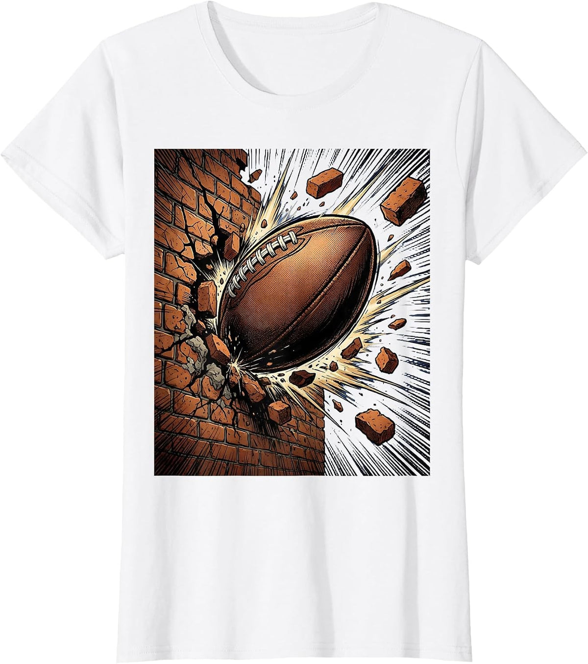 Rugby Ball Smashing Through Brick Wall Graphic T-Shirt - White