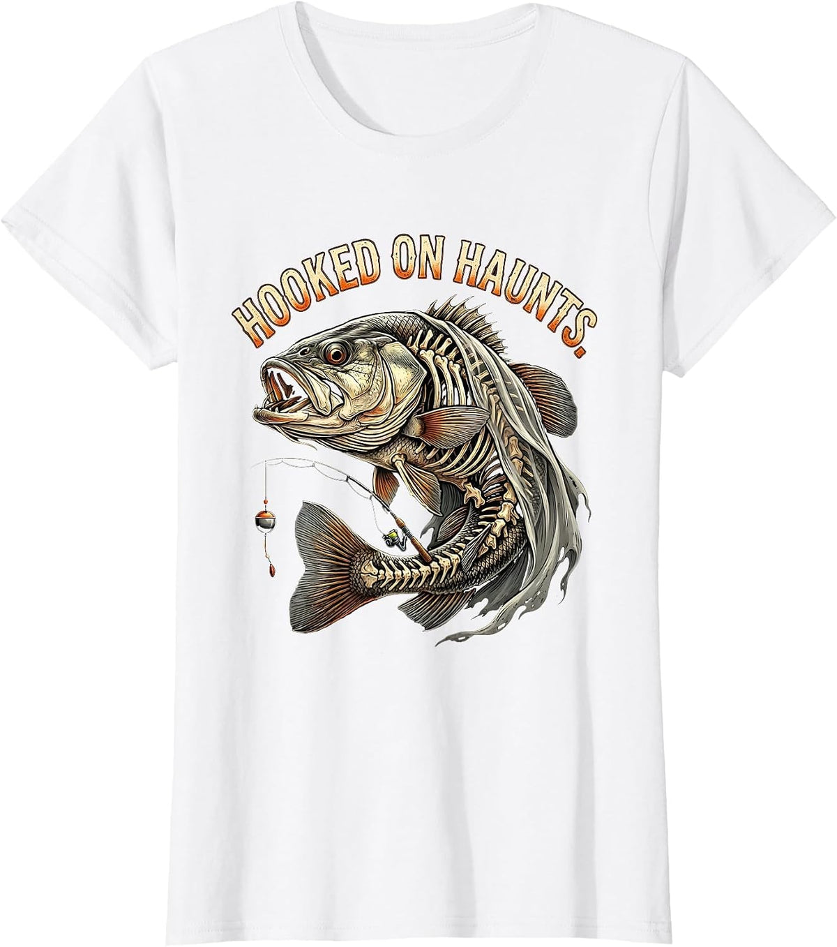 Hooked on Haunts Skeleton Fishing Halloween Costume Funny T-Shirt - White