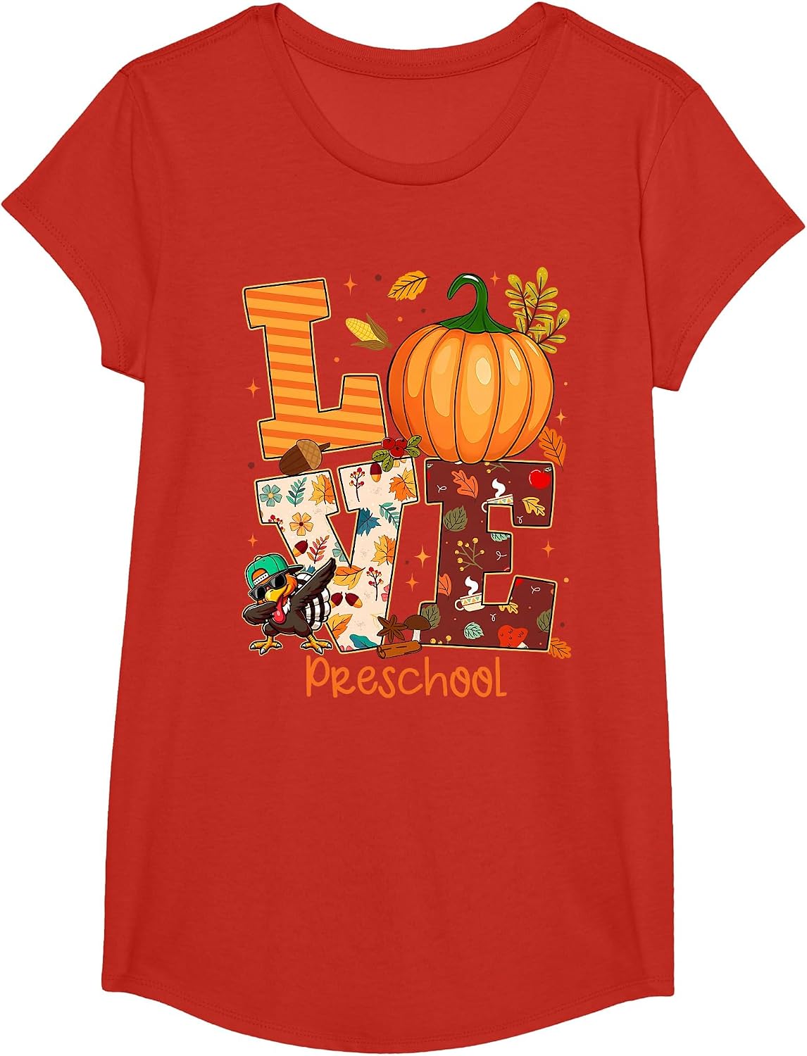 Love Preschool Teacher Turkey Thanksgiving Autumn Fall T-Shirt - Girls Red