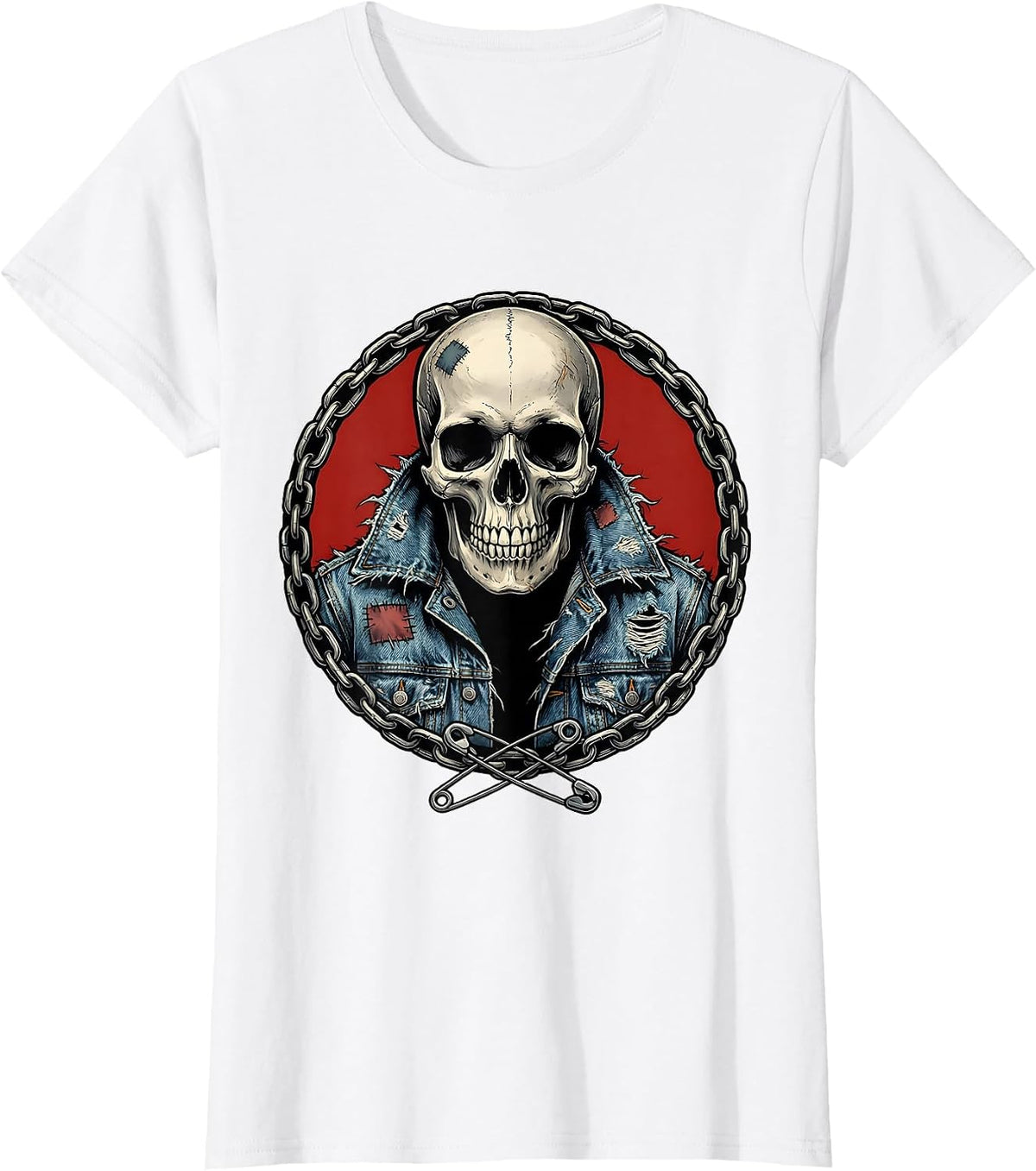 Grunge Skull in Torn Denim Jacket Illustration T-Shirt - White