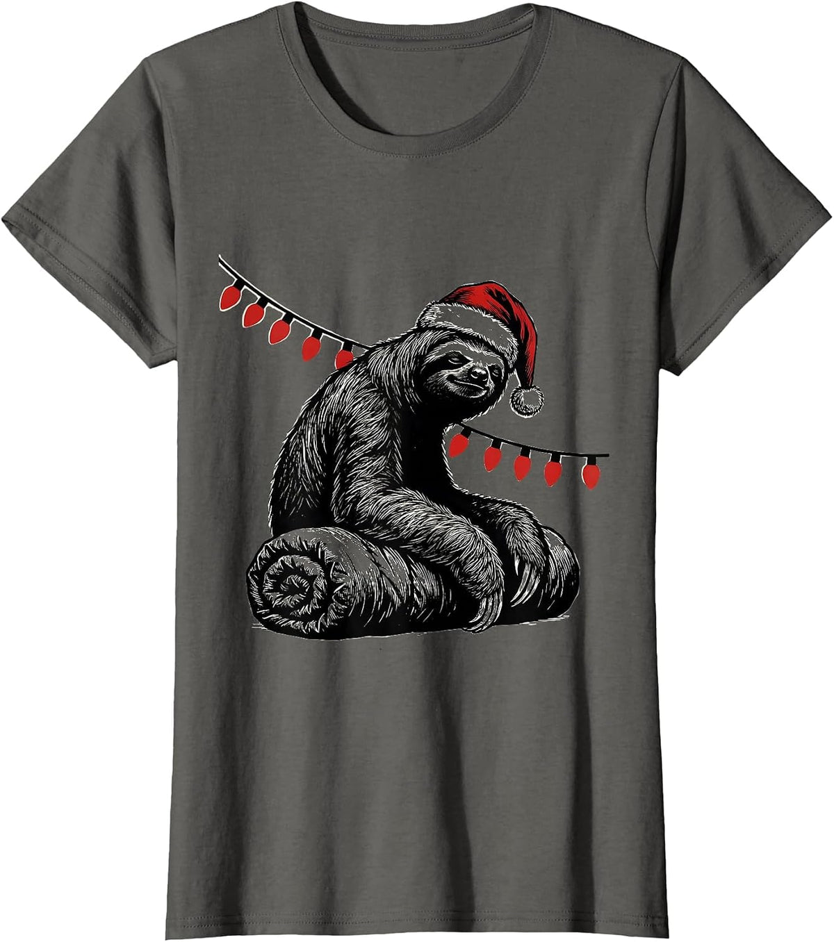 Women's Sloth Sleeping Bag Santa Hat Funny Christmas Lights T-Shirt - Asphalt Grey