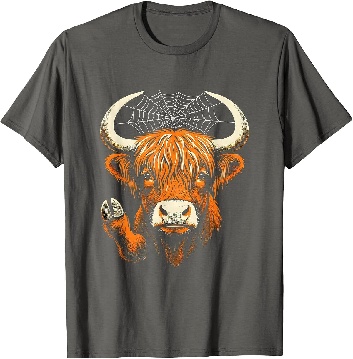 Men's Highland Cow Spiderweb Halloween Fall Family Humor T-Shirt - Asphalt Grey