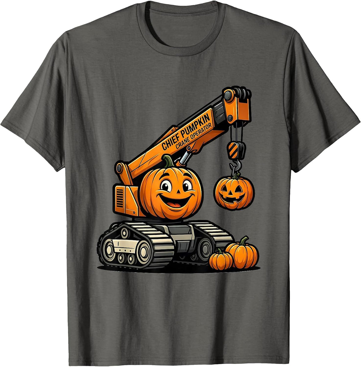Men's Chief Pumpkin Crane Operator Funny Construction Truck T-Shirt - Asphalt Grey