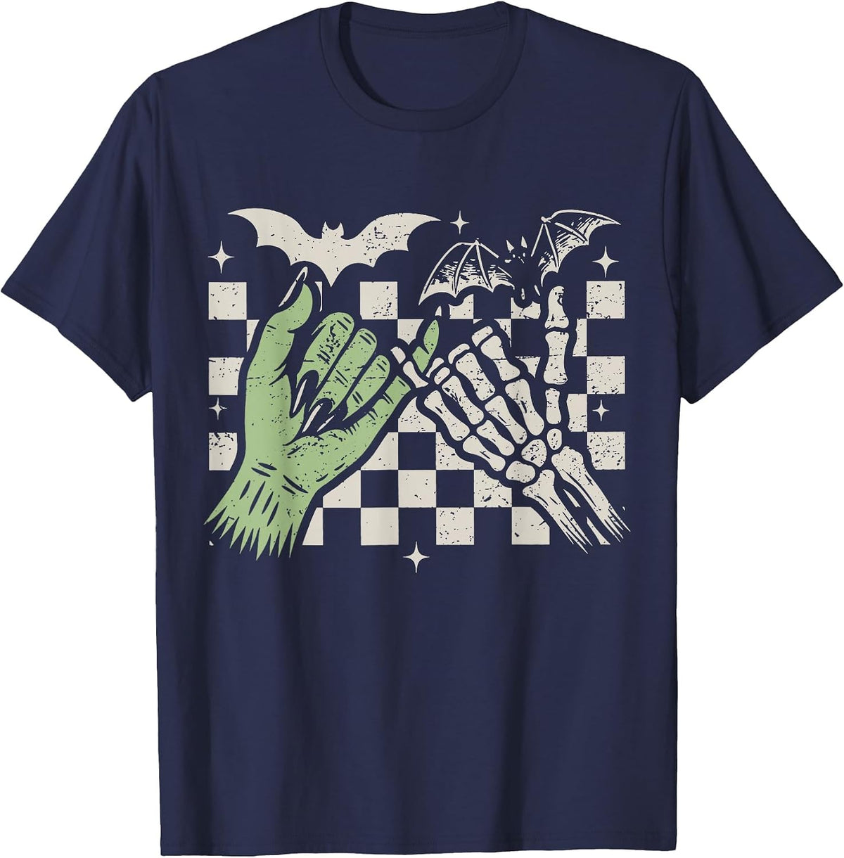 Retro Checkered Pinky Promise Witch Skeleton Halloween T-Shirt - Navy Blue