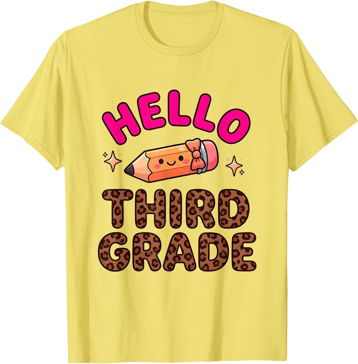 Men's Hello Third Grade Cute Kawaii Leopard Back To School Teacher T-Shirt - Lemon Yellow