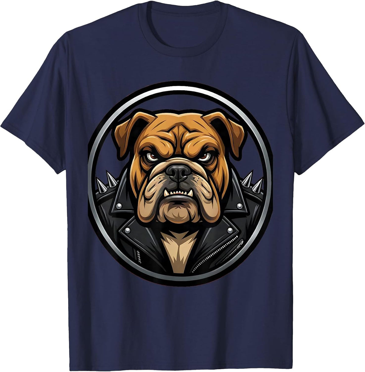 Bulldog Biker Spiked Leather Jacket Graphic T-Shirt - Navy Blue