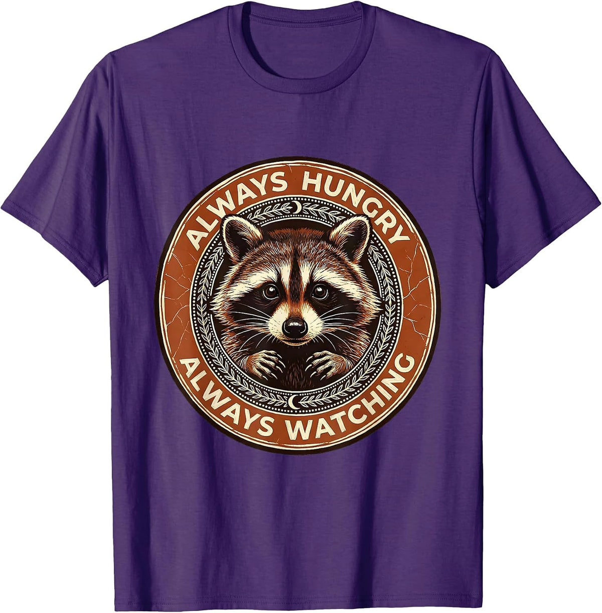 Always Hungry Always Watching Snacks Raccoon Design T-Shirt - Purple