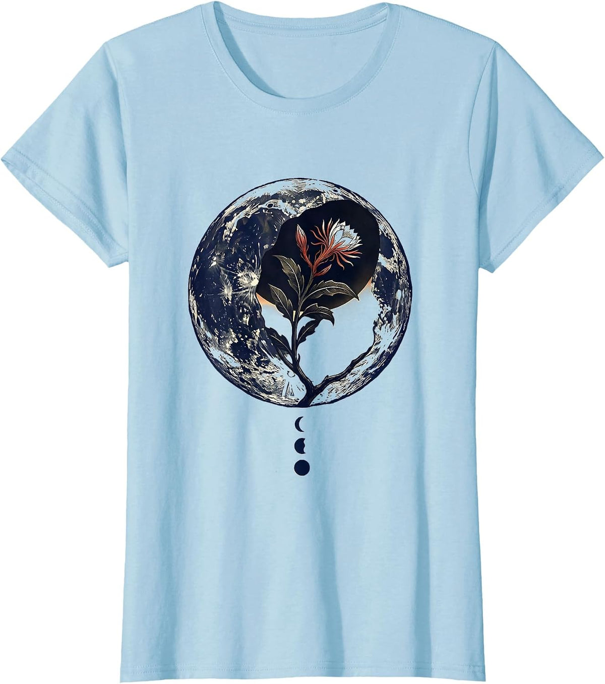 Lunar Crescent Night-Blooming Stem Linocut Boho Celestial T-Shirt - Baby Blue