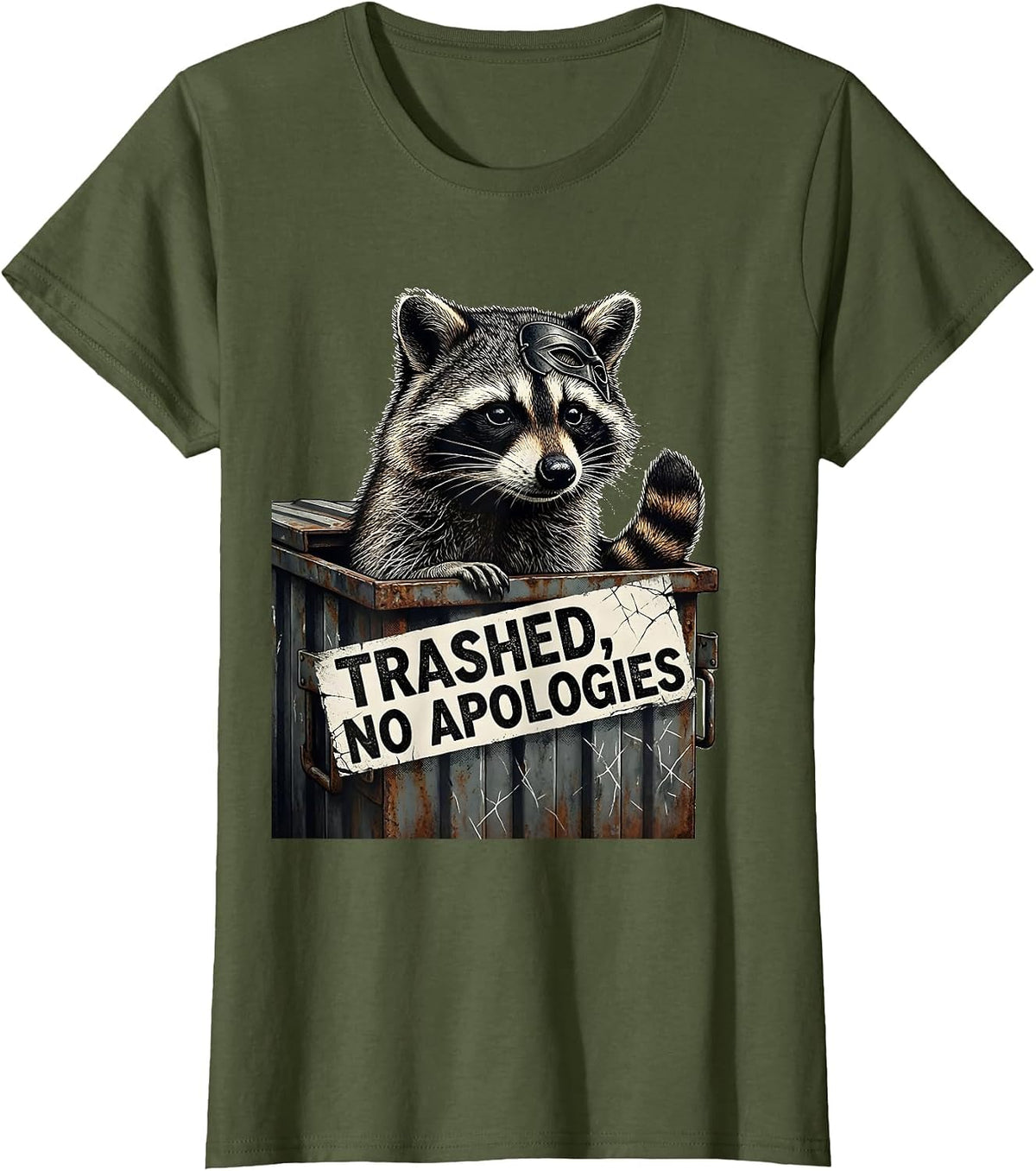 Women's Trashed No Apologies Distressed Raccoon Humor T-Shirt - Olive Green