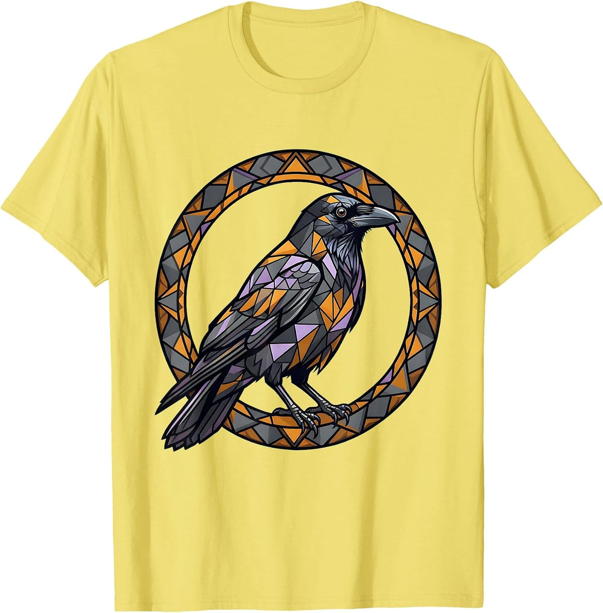 Men's Crow Geometric Tattoo Art Illustration T-Shirt - Lemon Yellow