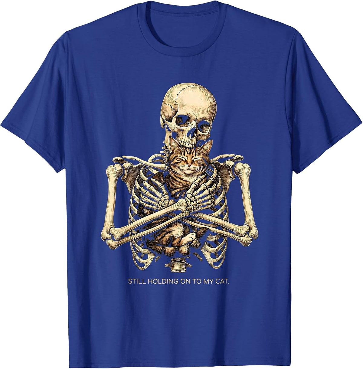 Men's Still Holding On To My Cat Funny Skeleton Hugging Cat T-Shirt - Royal Blue