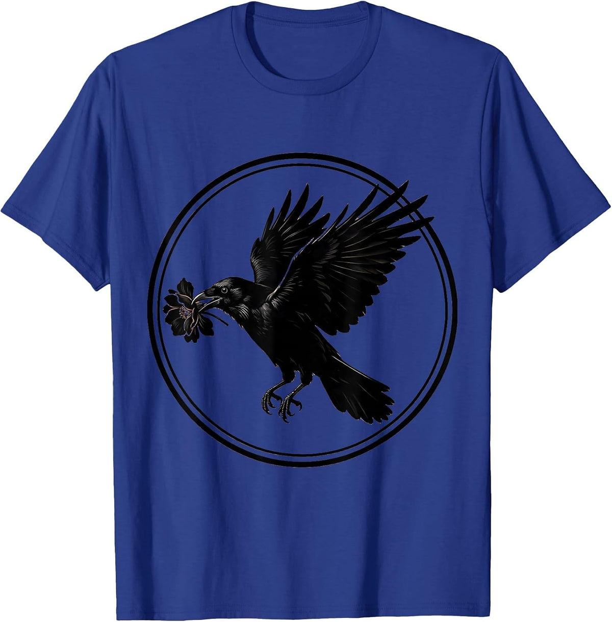 Men's Crow With Flower in Beak Illustration T-Shirt - Royal Blue