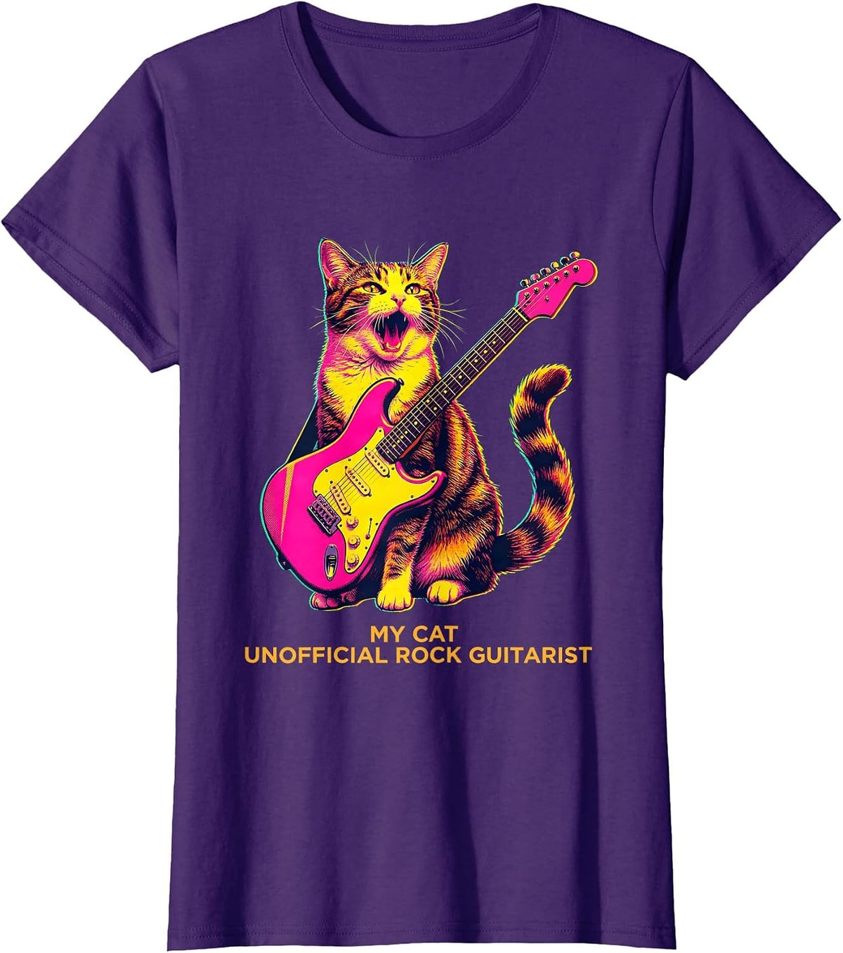 Women's My Cat, Unofficial Rock Guitarist Funny Cat Rock Music Lover T-Shirt - Purple