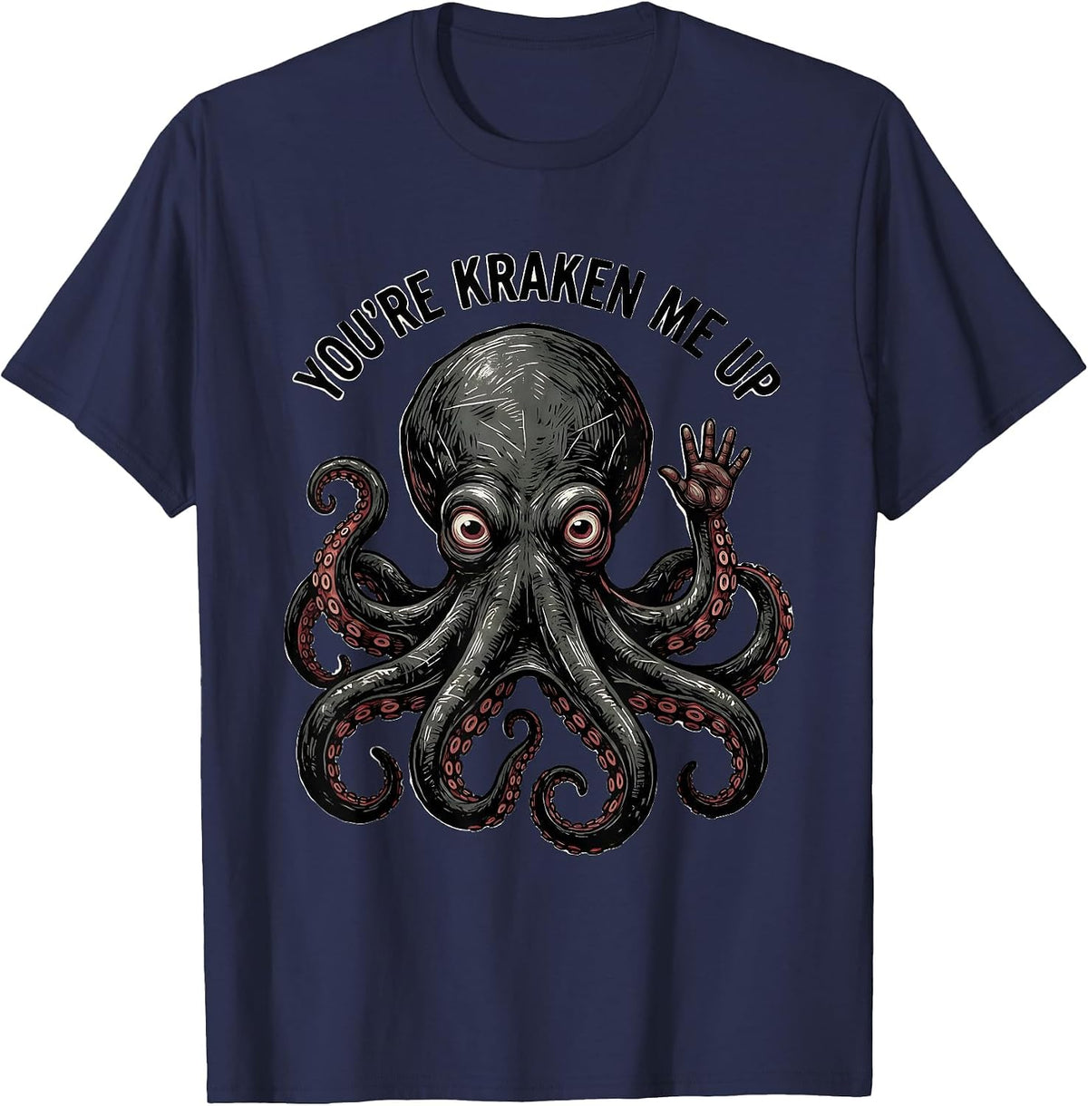 Men's You're Kraken Me Up Playful Linocut Octopus Lover Gift T-Shirt - Navy Blue