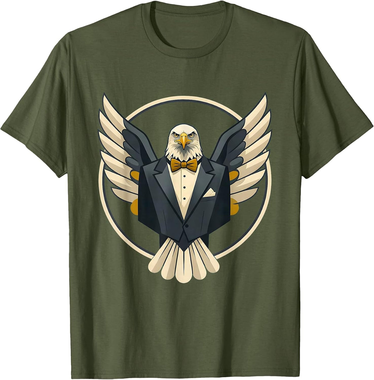 Eagle in Tuxedo Wings Spread Graphic Design T-Shirt - Olive Green