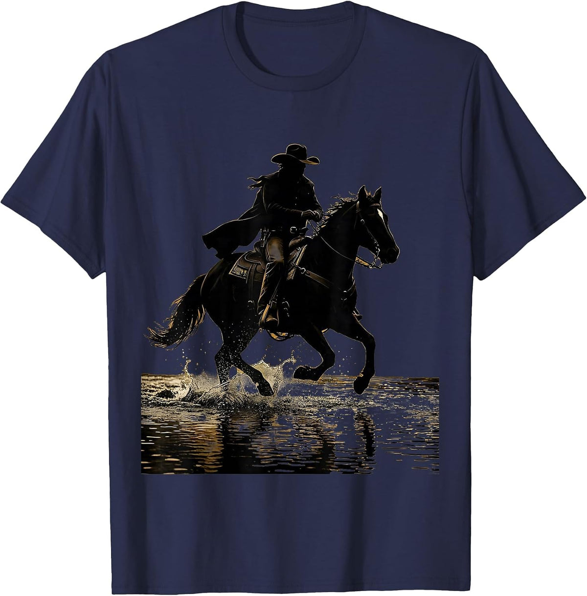 Cowboy Riding Horse Through River Crossing T-Shirt - Navy Blue