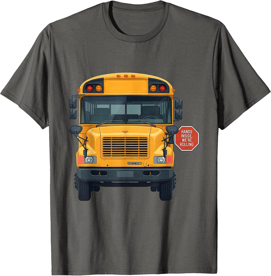 Hands Inside, We're Rolling Funny School Bus Driver T-Shirt - Asphalt Grey