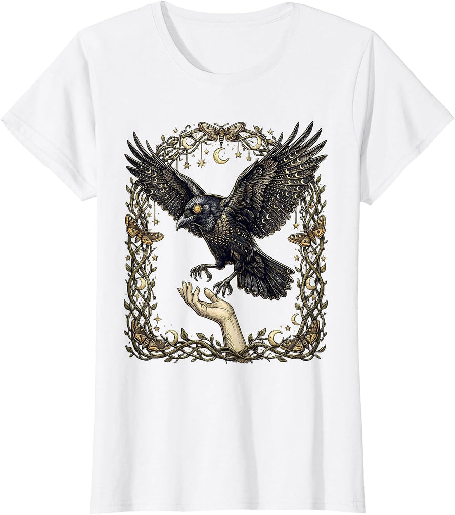 Women's Crow Landing on Hand Wildlife Nature Graphic T-Shirt - White