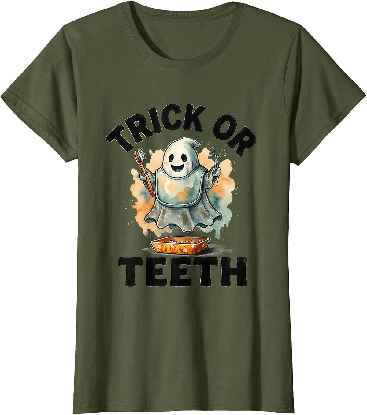 Women's Trick Or Teeth Watercolor Dental Ghost Halloween Dentist T-Shirt - Olive Green