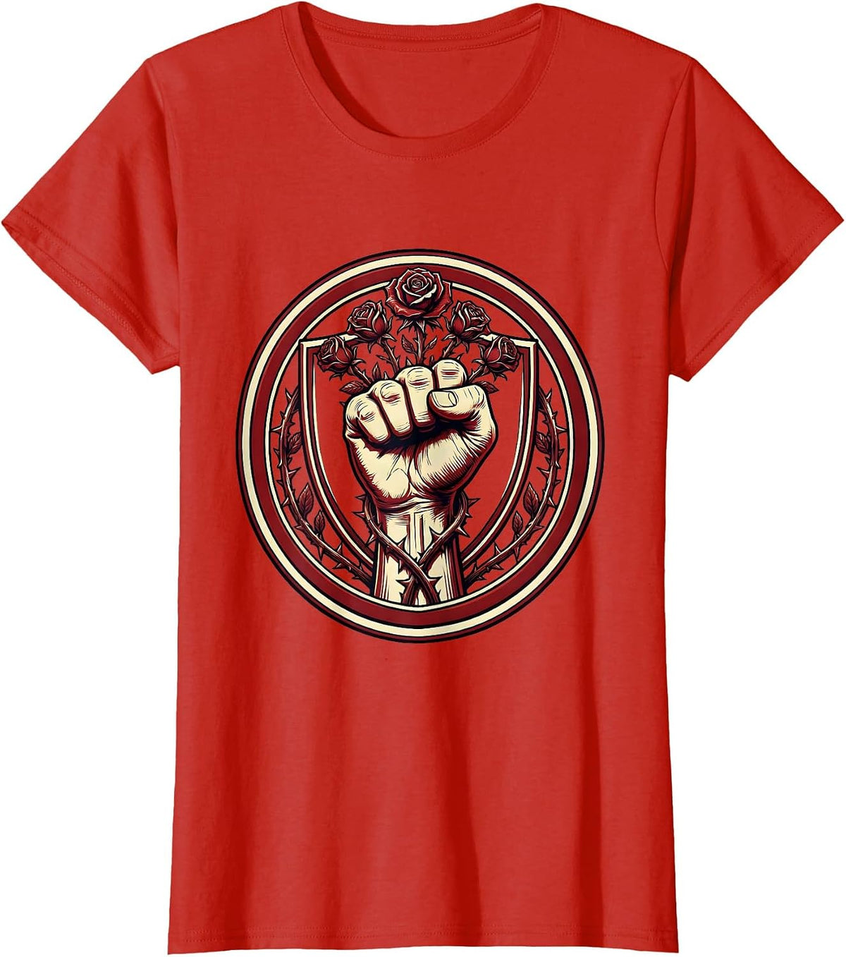 Clenched Fist With Roses Graphic Design T-Shirt - Red