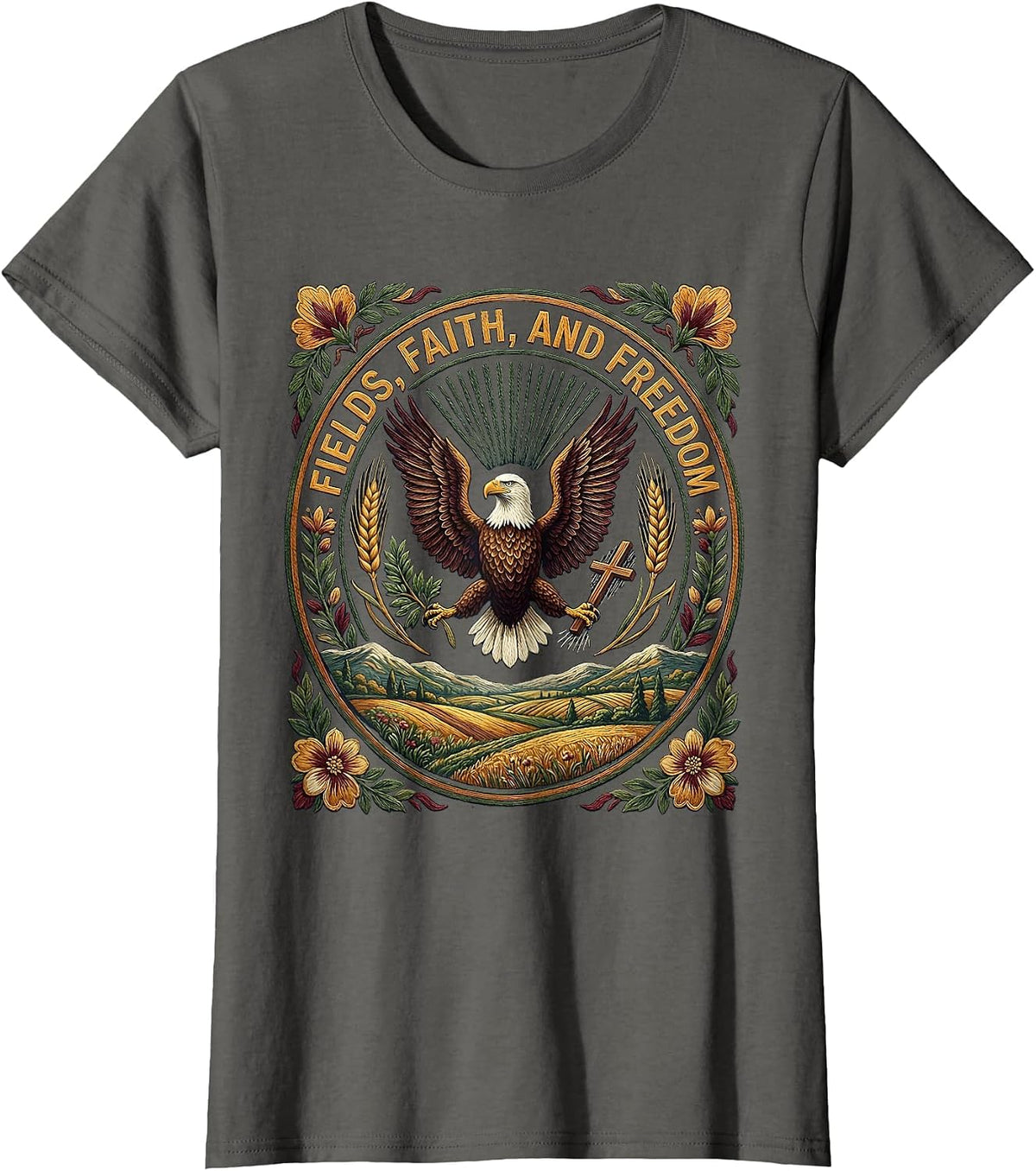 Women's Fields Faith and Freedom Patriotic Country Design T-Shirt - Asphalt Grey