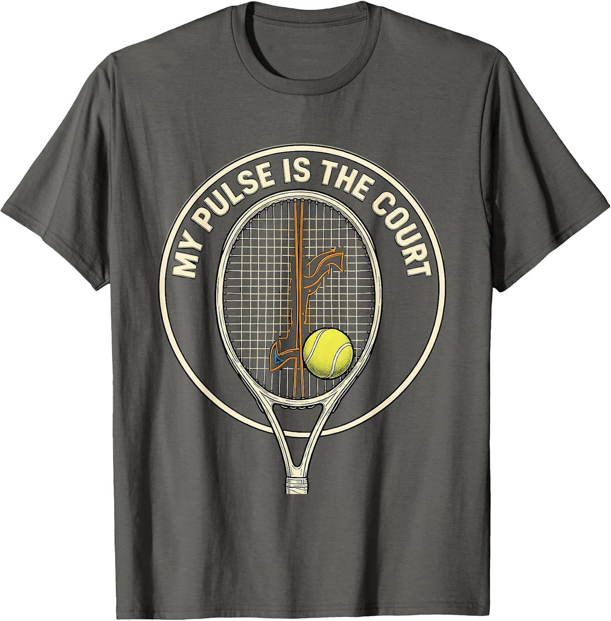 My Pulse Is The Court Tennis Lover Tennis Heartbeat EKG T-Shirt - Asphalt Grey
