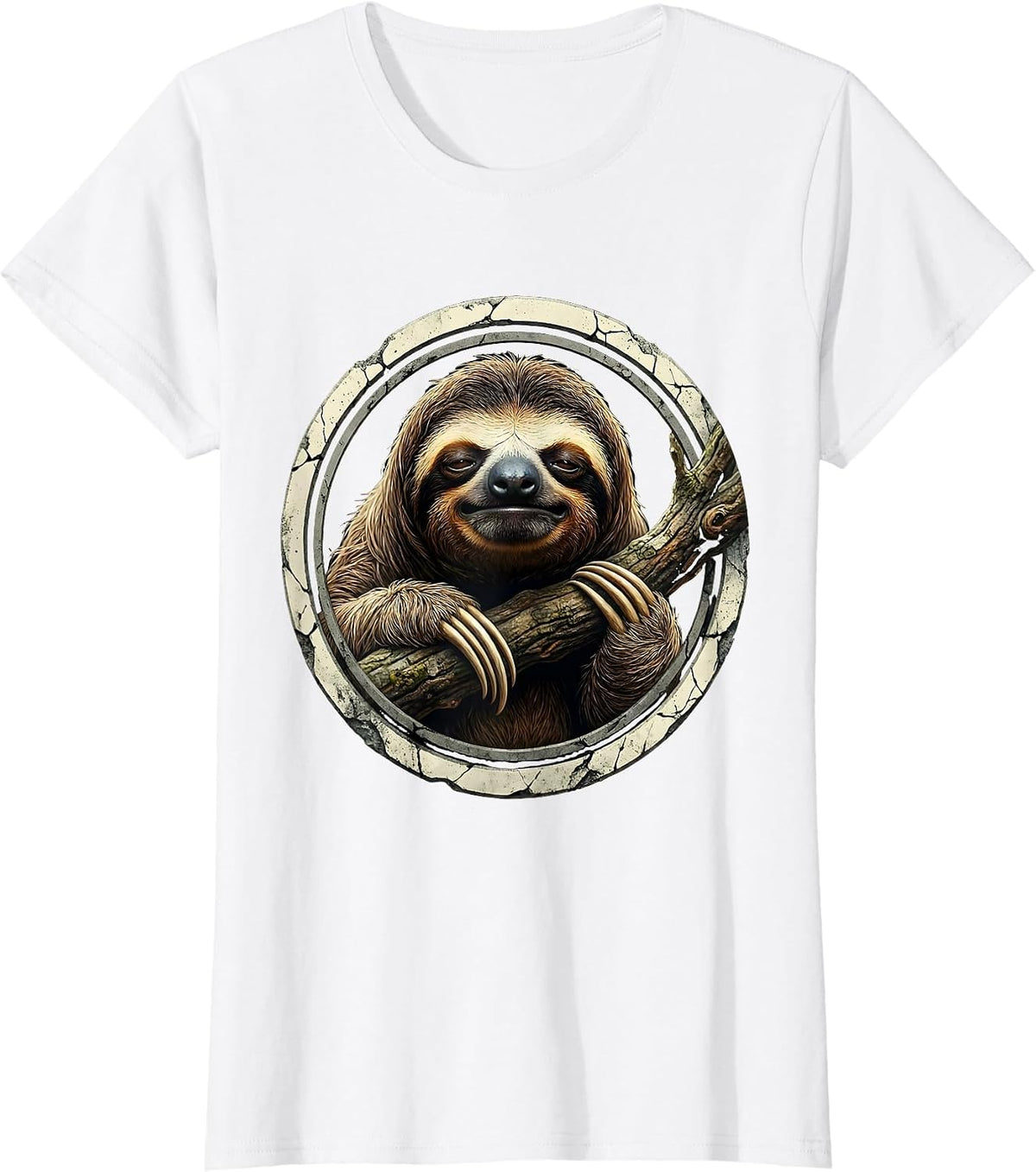 Tired Sloth Hanging From Branch Illustration T-Shirt - White