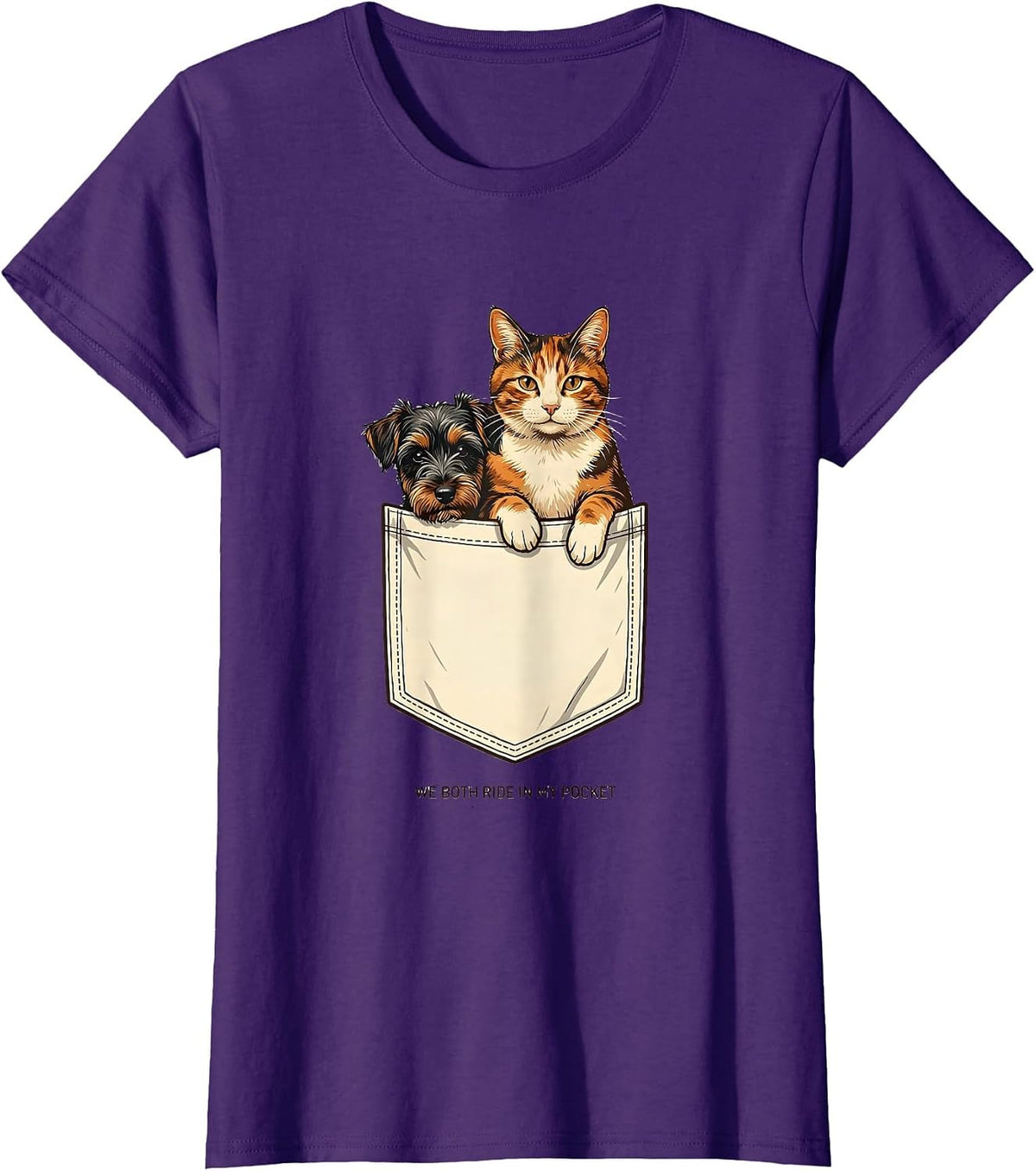 Women's We Both Ride In My Pocket Playful Cat And Dog Pet Lover Gift T-Shirt - Purple