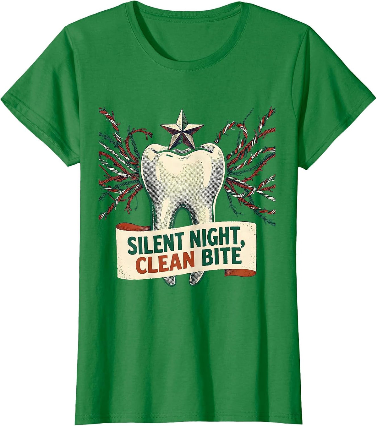 Silent Night, Clean Bite Vintage Dental Christmas Dentist T-Shirt - Kelly Green