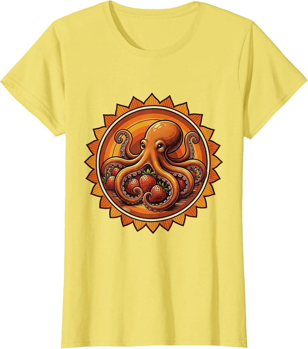 Octopus Hugging Strawberries Cute Fruit Art T-Shirt - Lemon Yellow