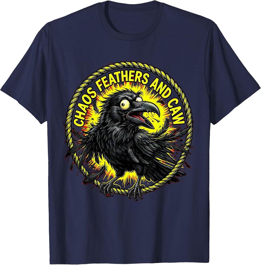 Chaos Feathers and Caw Crow Design T-Shirt - Navy Blue