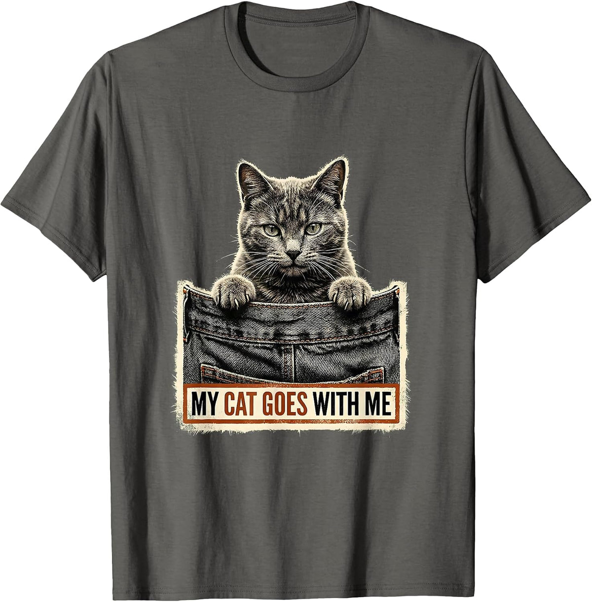 Men's My Cat Goes With Me Rubber Stamp Cat Lover Gift T-Shirt - Asphalt Grey