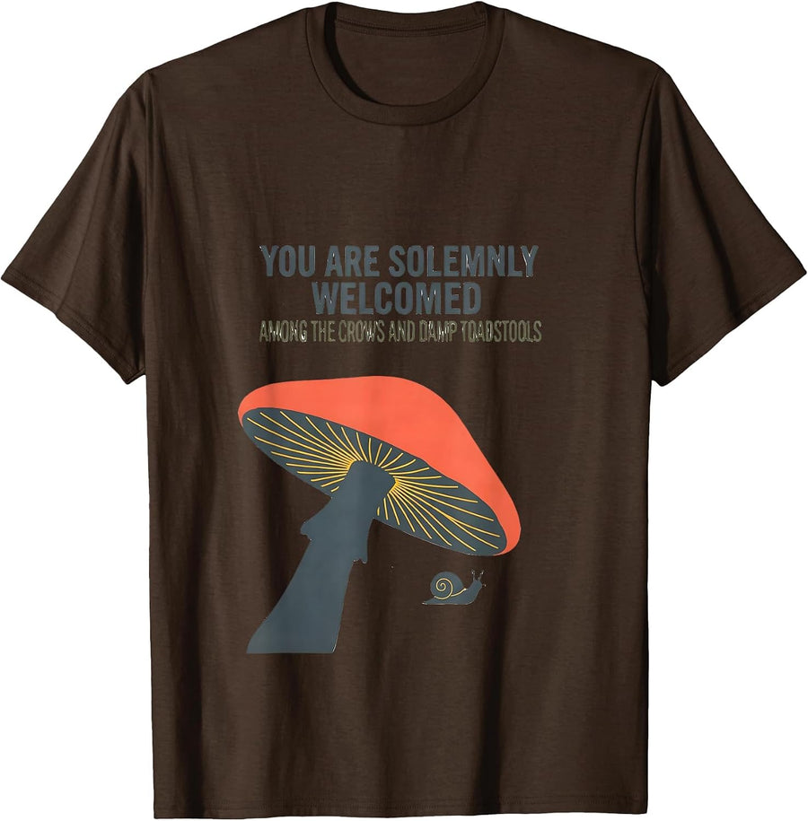 You Are Solemnly Welcomed Crow Mushroom Gothic Whimsy T-Shirt - Brown