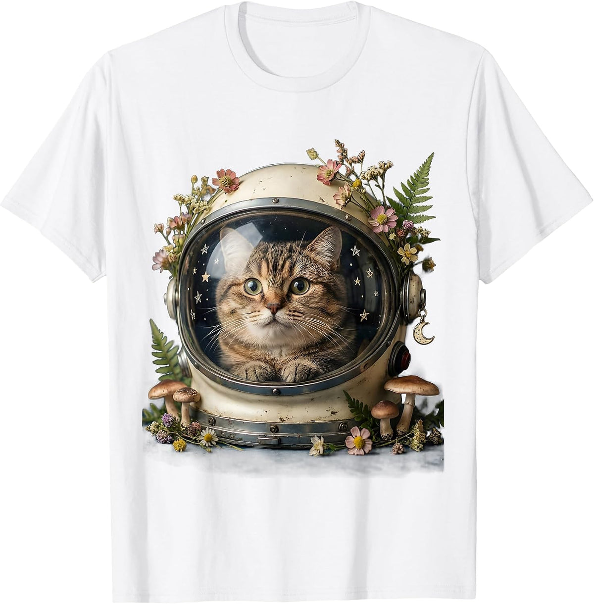 Men's Space Cat Astronaut Helmet Floating Galaxy Design T-Shirt - White