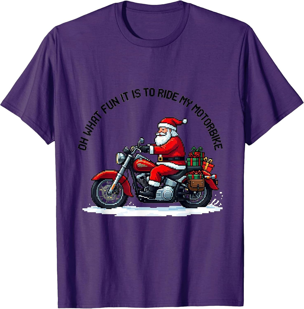 Men's Oh What Fun It Is To Ride My Motorbike Pixel Art Biker Santa T-Shirt - Purple