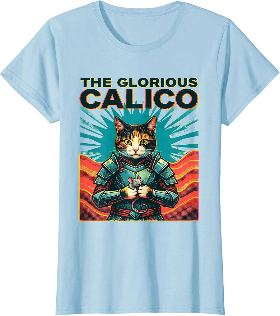 Women's The Glorious Calico Risograph Anime Cat Warrior Art Funny T-Shirt - Baby Blue