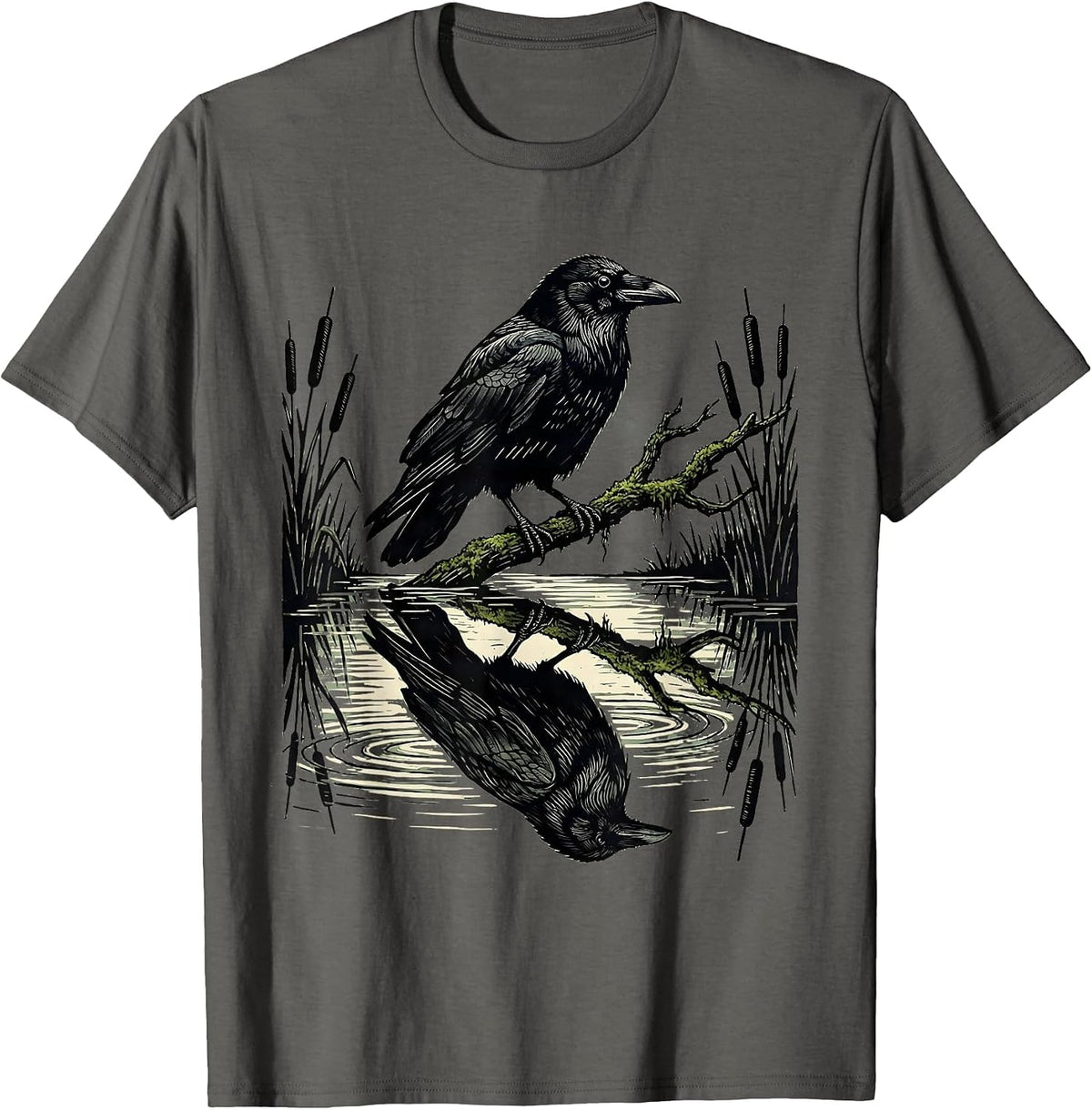 Crow Reflection Still Forest Pond Illustration T-Shirt - Asphalt Grey