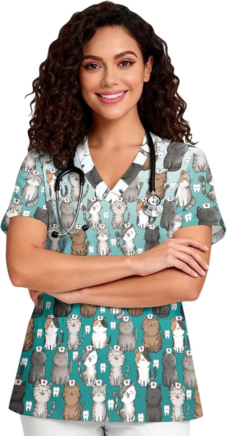 PinUp Angel Women's Cute Funny Graphic Scrub Top V-Neck Short Sleeve with Pockets Lightweight Workwear for Nurses - Cat