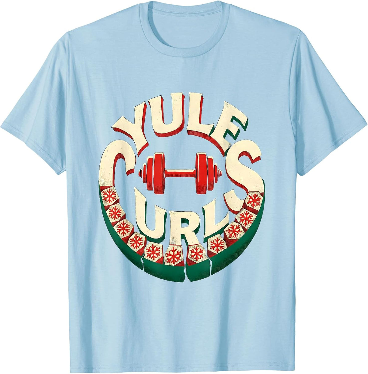 Men's Yule Curls Funny Christmas Gym Weightlifting Fitness Pun T-Shirt - Baby Blue