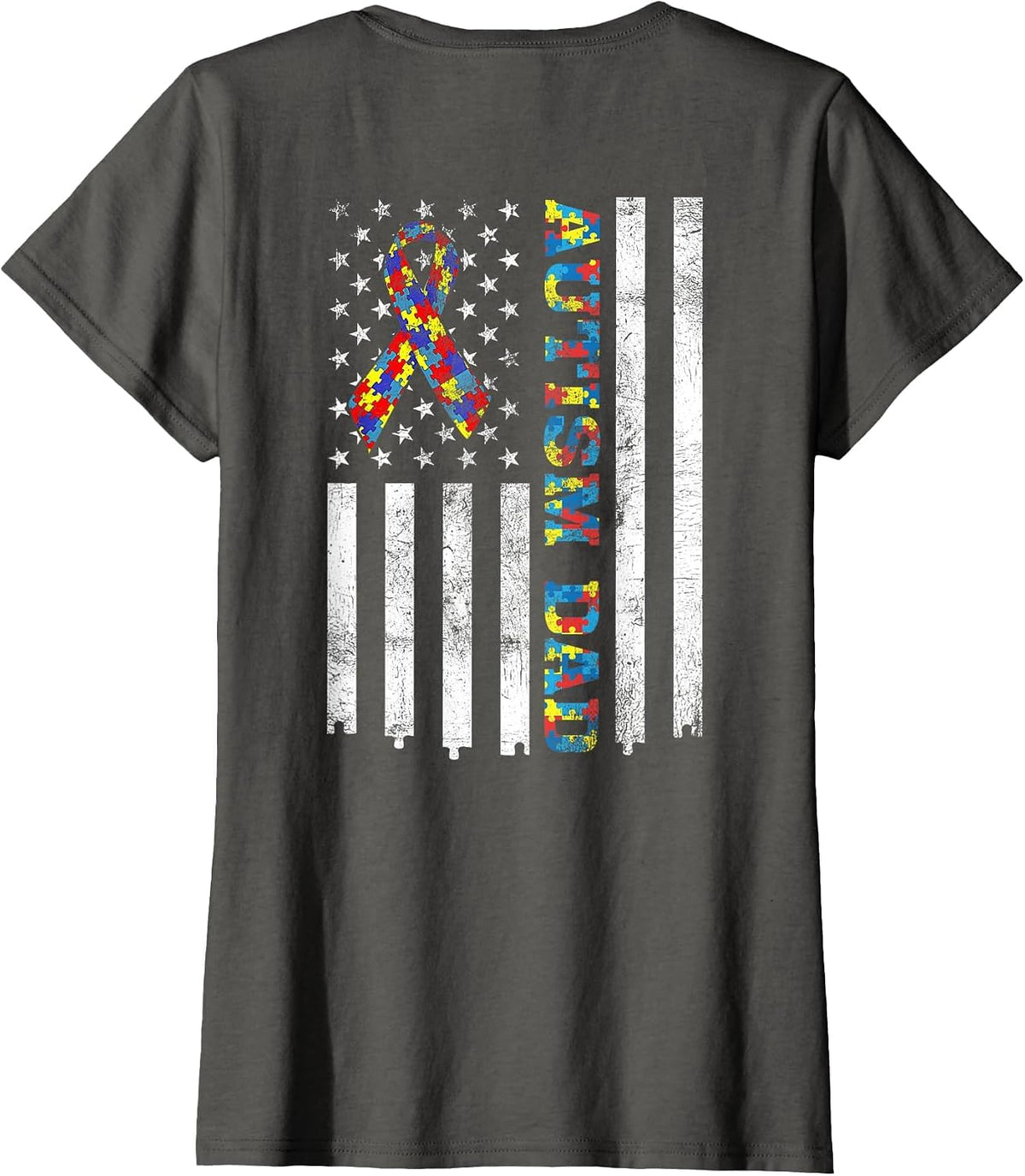 Autism Dad Autism Awareness Ribbon American Flag (On Back) T-Shirt - Asphalt Grey