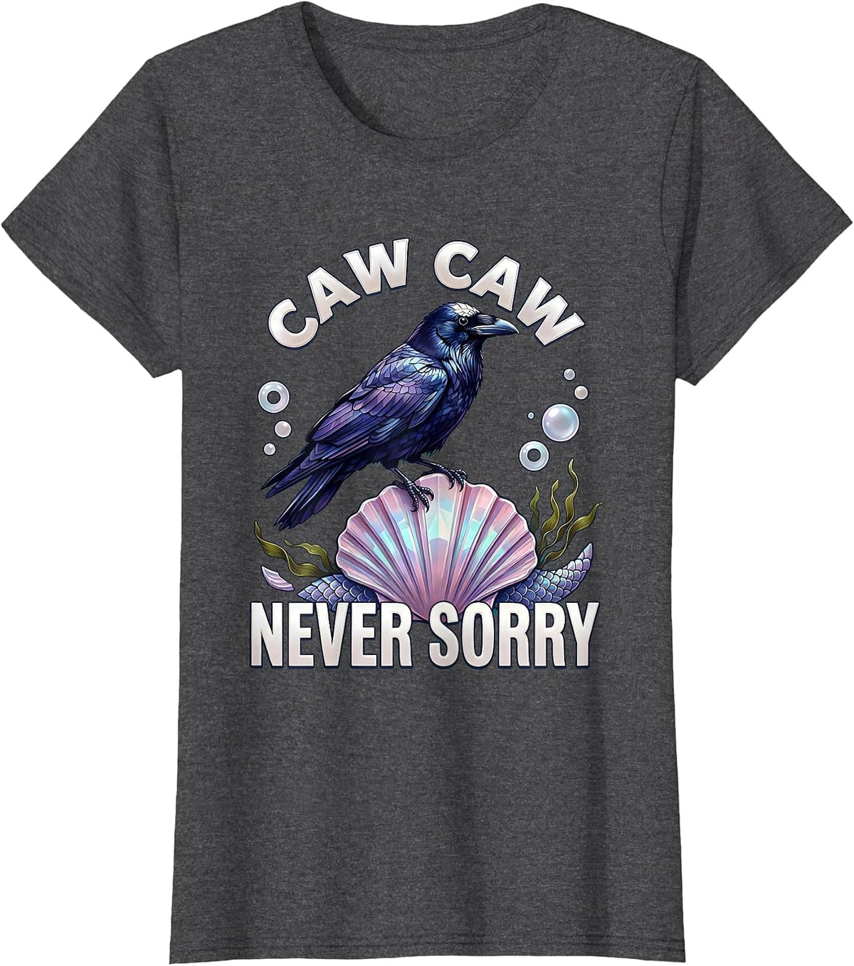 Women's Caw Caw Never Sorry Bold Crow Design T-Shirt - Dark Heather Grey
